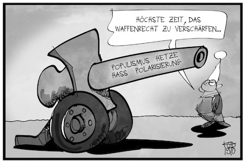 Cartoon: Waffenrecht (medium) by Kostas Koufogiorgos tagged karikatur,koufogiorgos,illustration,cartoon,waffenrecht,michel,kanone,hass,hetze,prävention,populismus,polarsierung,karikatur,koufogiorgos,illustration,cartoon,waffenrecht,michel,kanone,hass,hetze,prävention,populismus,polarsierung