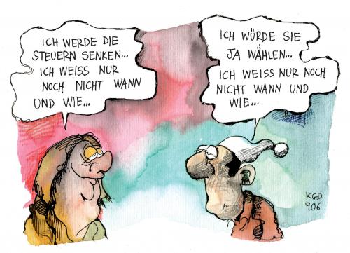 Cartoon: Wann und wie (medium) by Kostas Koufogiorgos tagged steuern,steuersenkungen,cdu,csu,wahl,programm,regierung,bundestagswahl,merkel,kanzlerin,michel,innenpolitik,karikatur,kostas,koufogiorgos,steuern,steuersenkungen,cdu,csu,wahl,wahlen,programm,regierung,bundestagswahl,angela  merkel,kanzlerin,innenpolitik,angela,merkel