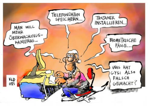 Cartoon: Was hat Gysi falsch gemacht?! (medium) by Kostas Koufogiorgos tagged bundestag,gregor,gysi,stasi,im,überwachung,schäuble,kostas,koufogiorgos,bundestag,wolfgang schäuble,wolfgang,schäuble,gregor gysi,gregor,gysi,stasi,im,überwachung,abhören,abhörprotokoll,bespitzelung,spitzel,trojaner,überwachungskameras,telefondaten,installieren,falsch,stasiakten,mitarbeiter,stasianwalt,anwalt,ddr,zk,sed,linke,linkspartei,links,vorwurf,vorwürfe,verdächtigung,verdächtigungen,menschenrechte,privatsphäre,transparenz,vergleich