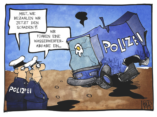 Cartoon: Wasserwerfer-Abgabe (medium) by Kostas Koufogiorgos tagged karikatur,koufogiorgos,cartoon,illustration,wasserwerfer,abgabe,schaden,polizei,geld,politik,polizist,karikatur,koufogiorgos,cartoon,illustration,wasserwerfer,abgabe,schaden,polizei,geld,politik,polizist