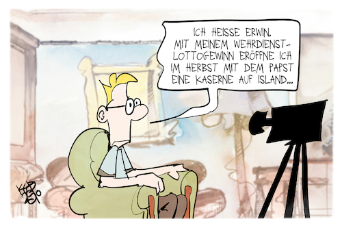 Cartoon: Wehrdienst-Lotterie (medium) by Kostas Koufogiorgos tagged karikatur,koufogiorgos,lottogewinn,lotterie,loriot,erwin,bundeswehr,karikatur,koufogiorgos,lottogewinn,lotterie,loriot,erwin,bundeswehr