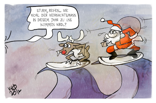 Cartoon: Weihnachtswetter (medium) by Kostas Koufogiorgos tagged karikatur,koufogiorgos,weihnachten,sturm,regen,weihnachtsmann,surfen,wetter,karikatur,koufogiorgos,weihnachten,sturm,regen,weihnachtsmann,surfen,wetter