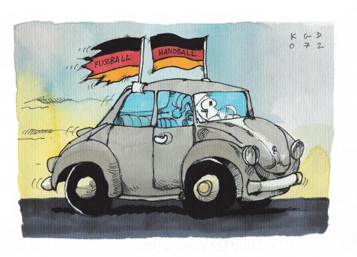 Cartoon: wir sind weltmeister (medium) by Kostas Koufogiorgos tagged handball,weltmeisterschaft,patriotismus,handball,weltmeisterschaft,patriotismus,käfer,vw,flagge,sommermärchen,wintermärchen,freude,übermut,nationalstolz,harmonie,fahren,rasen,grinsen,zerrissen,intakt