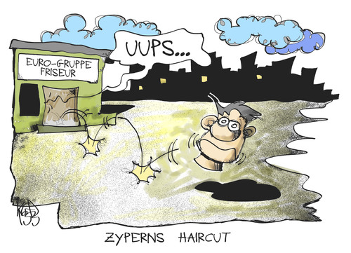 Cartoon: Zypern (medium) by Kostas Koufogiorgos tagged zypern,eu,europa,euro,gruppe,schulden,krise,haircut,wirtschaft,karikatur,kostas,koufogiorgos,zypern,eu,europa,euro,gruppe,schulden,krise,haircut,wirtschaft,karikatur,kostas,koufogiorgos
