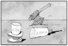 Cartoon: AstraZeneca (small) by Kostas Koufogiorgos tagged karikatur,koufogiorgos,illustration,cartoon,corona,impfstoff,pandemie,astra,zeneca,nebenwirkungen,spritze,axt,stopp