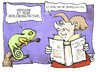 Cartoon: Die wandelbare Angela M. (small) by Kostas Koufogiorgos tagged merkel,buch,chameleon,anpassung,wandel,ddr,cdu,karikatur,koufogiorgos