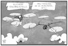 Cartoon: Drohnen-Verkehr (small) by Kostas Koufogiorgos tagged karikatur,koufogiorgos,illustration,cartoon,drohne,verkehr,fliegen,papiere,schein,führerschein,technik,aufnahme,video,polizei,kontrolle