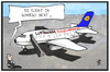 Cartoon: Lufthansastreik (small) by Kostas Koufogiorgos tagged karikatur,koufogiorgos,illustration,cartoon,lufthansa,piloten,streik,flüchtlingsheim,nutzung,wohnraum,flughafen,arbeitskampf,arbeit
