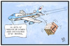 Cartoon: TTIP (small) by Kostas Koufogiorgos tagged karikatur,koufogiorgos,illustration,cartoon,air,force,one,flugzeug,usa,obama,ttip,geschenk,gast,hannover,freihandelsabkommen,wirtschaft