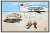 Cartoon: UFO-Streik (small) by Kostas Koufogiorgos tagged karikatur,koufogiorgos,illustration,cartoon,eurowings,ufo,flugbegleiter,gewerkschaft,passagier,kunde,fluggast,streik,arbeitskampf