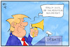 Cartoon: US-TV-Duell (small) by Kostas Koufogiorgos tagged karikatur,koufogiorgos,illustration,cartoon,tv,duell,trump,megaphon,stummschlatung,usa,wahlkampf,laut