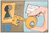 Cartoon: Von der Leyen (small) by Kostas Koufogiorgos tagged karikatur,koufogiorgos,illustration,cartoon,eu,kommission,chef,präsident,schlüssel,schloss