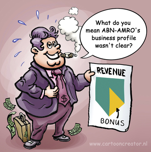 Cartoon: ABN-AMRO Bank business profile (medium) by illustrator tagged bank,bonus,revenue,banker,logo,abn,amro,clear,cartoon,illustration,peter,welleman,satire,financial,bank,banken,wirtschaft,finanzen