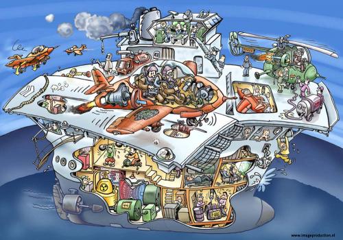 Cartoon: Aircraftcarrier (medium) by illustrator tagged cutaway,aircraft,carrier,ship,nuclear,power,fighter,plane,illustration,welleman,,illustration,flugzeugträger,flugzeug,fahrzeug,gepäck,aufbau,ausstattung,raum,besatzung