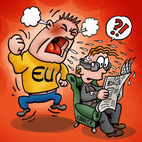 Cartoon: banker and EU (medium) by illustrator tagged bank,banker,bail,out,eu,european,union,bonus,deaf,blind,angry,irritation,mad,ignorant,dumb,insensitive,salary,illustration,cartoon,satire,gag,wondering,reading,paper,cartoon,cartoons,wirtschaft,wirtschaftskrise,finanzen,finanzkrise,geld,eu,europa,bank,banken,banker,boni,bonus,gehälter,gehalt,illustration,wut,frust,wütend,manager