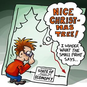 Cartoon: christmas tree weinacht baum (medium) by illustrator tagged christmas,tree,weinacht,baum,economy,wirtschaft,depression,cartoon,drawing,illustration,2008,mistake,reading,small,print,guy,economie,economics,crisis,downfall,drop