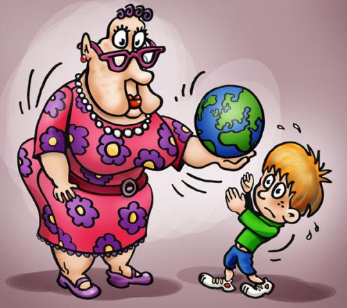 Cartoon: Inheriting the world (medium) by illustrator tagged grandma,inheritance,inheriting,world,planet,kid,parent,grandparent,cartoon,illustration,illustrator,peter,welleman,giving,sharing,offering,comics,handing,receiving,child,grandchild,young,illustration,familie,großmutter,oma,omi,rentner,rentenempfänger,rente,gesellschaft,generation,generationen,jugend,jugendliche,kinder,kind,nachwuchs,welt,erde,verantwortung,zukunft