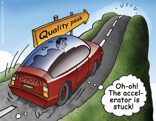 Cartoon: Quality Peak (medium) by illustrator tagged toyota,car,hill,mountain,drive,peak,quality,fall,ravine,canyon,stuck,accelerator,gas,vehicle,auto,cartoon,illustration,peter,welleman