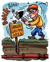 Cartoon: gas pipe (small) by illustrator tagged pipe,gas,pole,sign,worker,construction,field,ground,slam,hammer,force,danger,accident,explosion,leak,cartoon,gag,satire,cartoonist,illustration,illustrator,peter,welleman,mindless,ignorant,stupid
