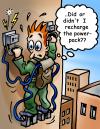 Cartoon: Powerpack climber (small) by illustrator tagged wall,climbing,power,pack,attach,stuck,failure,forgot,memory,wondering,sky,satire,cartoon,illustration,welleman,gag,comic,electric