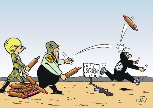 Cartoon: Anti IS Einsatz 2 (medium) by JotKa tagged is,isis,syrien,syrienkrieg,bundeswehr,marschbefehl,bundestag,parteien,flüchtlinge,flüchtlingskrise,paris,terror,krieg,tornados,luftwaffe,merkel,nikolaus,vonderleyen,verteidigungsministerin,kanzlerin,nudelholz,waffen,terrorist,is,isis,syrien,syrienkrieg,bundeswehr,marschbefehl,bundestag,parteien,flüchtlinge,flüchtlingskrise,paris,terror,krieg,tornados,luftwaffe,merkel,nikolaus,vonderleyen,verteidigungsministerin,kanzlerin,nudelholz,waffen,terrorist