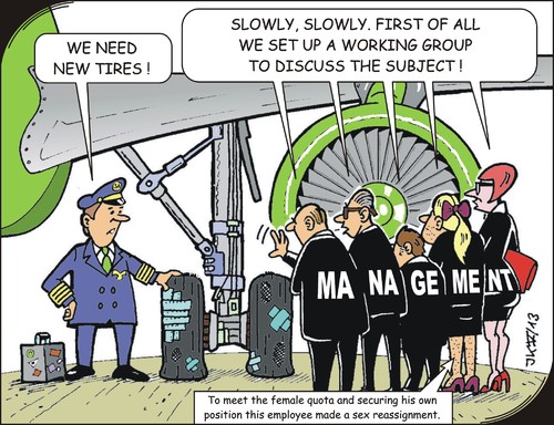 Cartoon: Decisions (medium) by JotKa tagged decisions,economie,business,management,airlines,service,maintenance,man,woman,reassignment,wheels,tires,aviation,pilots,jobs,control,reduction,cost,executive,travelling,surprise,air