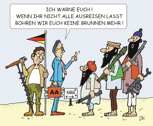 Cartoon: Deutschland macht Druck (medium) by JotKa tagged taliban,afghanistan,deutschland,kabul,flughafen,ortskräfte,ausreise,evakuierung,verhandlungen,maas,kramp,karrenbauer,bundeswehr,außenminister,außenministerium,brunnen,brunnenbohren,ultimatum,taliban,afghanistan,deutschland,kabul,flughafen,ortskräfte,ausreise,evakuierung,verhandlungen,maas,kramp,karrenbauer,bundeswehr,außenminister,außenministerium,brunnen,brunnenbohren,ultimatum