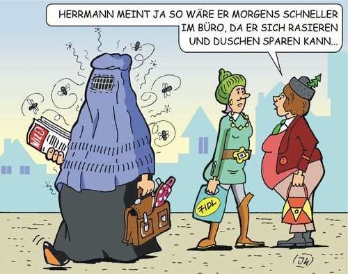 Cartoon: Die Burka für den Mann (medium) by JotKa tagged männer,frauen,kleidung,businessdress,büro,burka,rasieren,duschen,arbeit,arbeitsplatz,zeit,zeitung,fliegen