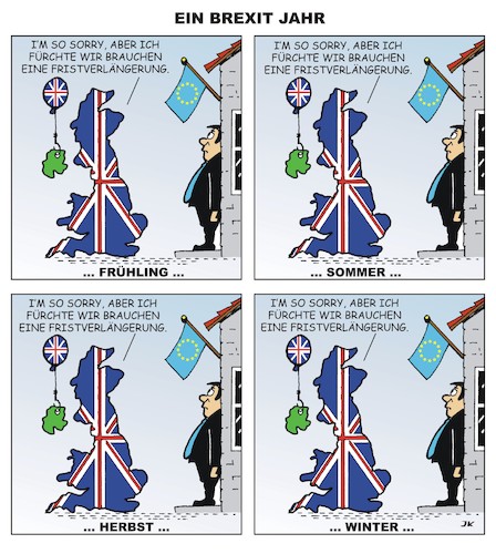 Cartoon: Ein Brexit Jahr (medium) by JotKa tagged boris,johnson,theresa,may,jeremy,corbin,brexit,fristverlängerung,aufschub,no,deal,brüssel,london,boris,johnson,theresa,may,jeremy,corbin,brexit,fristverlängerung,aufschub,no,deal,brüssel,london