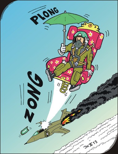 Cartoon: Ejection seat  - Schleudersitz (medium) by JotKa tagged aviation,air,force,pilots,fighter,emergency,rescue,parachute,ejection,seat,fire,armchair,umbrella,sky,clouds,earth,crash,jump,off,suspended,jet,luftfahrt,luftwaffe,piloten,kampfpiloten,notfall,luftnotlage,rettung,fallschirm,schleudersitz,feuer,sessel,regenschirm,himmel,wolken,erde,absturz,absprung,schweben,jetpiloten