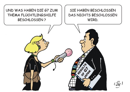 Cartoon: G7 Beschlüsse (medium) by JotKa tagged beschlüsse,g7,gipfel,japan,usa,gross,britannien,frankreich,italien,kanada,shima,ise,wirtschaftsgipfel,welt,flüchtlingskrise,flüchtlingshilfe,solidarität,spenden,beschlüsse,g7,gipfel,japan,usa,gross,britannien,frankreich,italien,kanada,shima,ise,wirtschaftsgipfel,welt,flüchtlingskrise,flüchtlingshilfe,solidarität,spenden