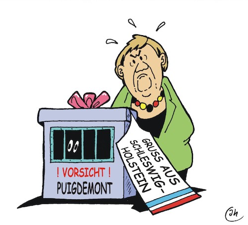 Cartoon: Gruß aus Kiel (medium) by JotKa tagged katalonien,katalonienkrise,separatisten,puigdemont,haftbefehl,schleswig,holstein,kiel,bundesregierung,merkel,diplomatie,spanien,deutschland,krise,katalonien,katalonienkrise,separatisten,puigdemont,haftbefehl,schleswig,holstein,kiel,bundesregierung,merkel,diplomatie,spanien,deutschland,krise