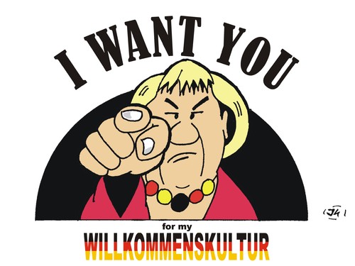 Cartoon: I want you (medium) by JotKa tagged want,you,merkel,willkommen,willkommenskultur,asylbewerber,asylanten,scheinasylanten,witschaftsflüchtlinge,soziale,hängematte,politik,obergrenze