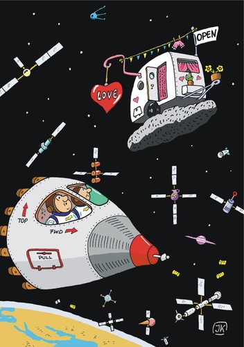 Cartoon: Im Orbit (medium) by JotKa tagged weltraum,space,orbit,raumflug,raumstation,astronauten,satelit,sputnik,erde,wohnwagen,camper,love,rakete,rocket,liebe,science,fiction