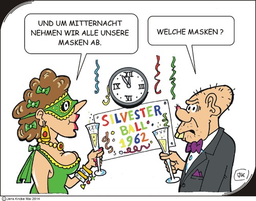 Cartoon: Maskenball (medium) by JotKa tagged maskenball,kostümfest,party,feier,masken,verkleidung,silvester,silvesterfeier,silversterparty,mann,frau,er,sie,sekt,ball,uhr,mitternacht,geisterstunde