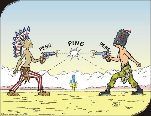 Cartoon: Schuss ins Knie (medium) by JotKa tagged usa,russland,eu,ukraine,obama,putin,revolver,kaktus,wildwest,duell,schuss,knie,wüste