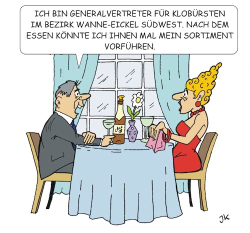 Cartoon: Small talk (medium) by JotKa tagged liebe,dating,er,sie,und,männer,frauen,restaurant,essen,trinken,bars,kneipe,berufe,vertreter,klo,klobürsten,liebe,dating,er,sie,und,männer,frauen,restaurant,essen,trinken,bars,kneipe,berufe,vertreter,klo,klobürsten