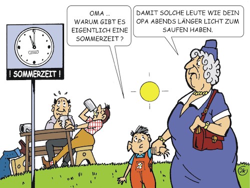 Cartoon: Sommerzeit (medium) by JotKa tagged sommerzeit,zeitumstellung,sommer,biergarten,oma,opa,kind