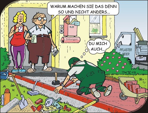 Cartoon: Warum denn (medium) by JotKa tagged bauarbeiten,handwerker,pflaster,platten,rasen,garten,werkzeug,briefe,briefkasten,post,auto,schubkarre,steine,schaufel,zeitung,kaffe,frühstück,hammer,waage,blumen,kunde,kommentare,fragen,antworten,bauarbeiten,handwerker,pflaster,platten,rasen,garten,werkzeug,briefe,briefkasten,post,auto,schubkarre,steine,schaufel,zeitung,kaffe,frühstück,hammer,waage,blumen,kommentare,kunde