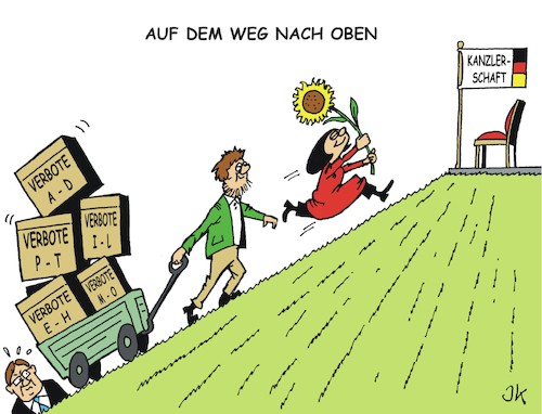 Cartoon: Weg nach oben (medium) by JotKa tagged bundestagswahl,21,bundeskanzler,kanzlerkandidaten,parteien,politiker,die,grünen,umfragen,umfragewerte,baerbock,habeck,laschet,verbote,verbotspartei,parteiprogramme,bundestagswahl,21,bundeskanzler,kanzlerkandidaten,parteien,politiker,die,grünen,umfragen,umfragewerte,baerbock,habeck,laschet,verbote,verbotspartei,parteiprogramme