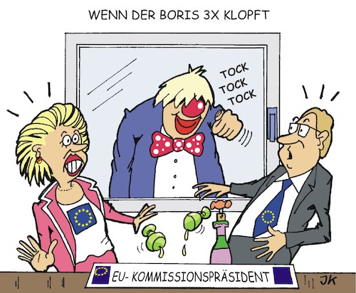 Cartoon: Wenn der Boris 3x klopft (medium) by JotKa tagged jean,claude,juncker,ursula,von,great,britain,leyen,boris,johnson,eu,gb,europäische,union,brexit,jean,claude,juncker,ursula,von,great,britain,leyen,boris,johnson,eu,gb,europäische,union,brexit