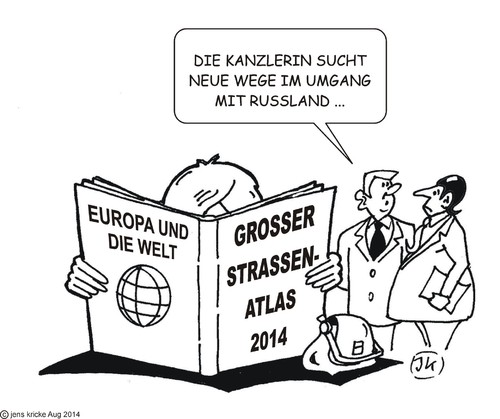 Cartoon: Neue Wege (medium) by JotKa tagged beziehungen,verhältnisse,diplomaten,diplomatie,auswärtiges,amt,eu,deutschland,brd,brüssel,russland,ukraine,merkel,putin,separatisten,ukrainekrise,aussenministerium,aussenminister,aussenhandel,wirtschaft,wirtschaftsinteressen,sanktionen,boykott