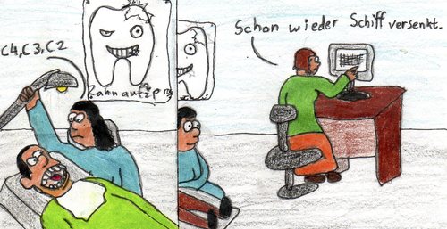 Cartoon: Beim Zahnarzt (medium) by Salatdressing tagged zahnarzt,arzt,zähne,gesundheit,spiele,spielen,schiffe,versenken,helfen,pc,computer,praxis,zahnarztpraxis