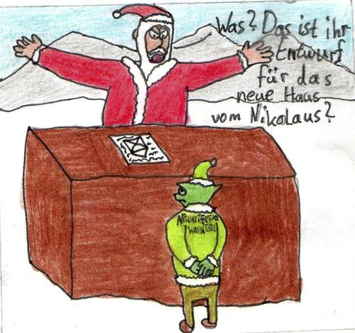 Cartoon: Nikolaus (medium) by Salatdressing tagged nikolaus,weihnachten,weihnachtsmann,fest,fröhlich,dumm,blöd,haus,ingenieur,wichtel,kobold,entwurf,zeichnung,skizze,dummheit,sauer,wütend