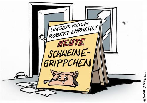 Cartoon: Schweinegrippchen (medium) by Micha Strahl tagged micha,strahl,schweinegrippe,grippe,pandemie,viren,cartoon,cartoons,schweinegrippe,grippe,pandemie,viren,virus,krankheit,gesundheit,essen,gastronomie,nahrung,schwein,schweine,tier,tiere,panik,rippe,schweinerippe,koch,küche,restaurant