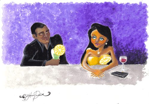 Cartoon: A Man A Woman and A Drink (medium) by CIGDEM DEMIR tagged man,woman,lemon,drink,night,love,flirt