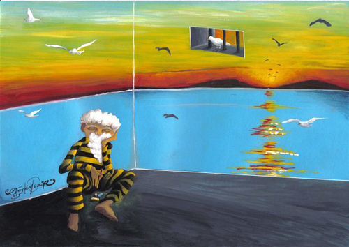 Cartoon: Freedom and artist (medium) by CIGDEM DEMIR tagged seagull,sunset,sea,bird,color,artist,jail,freedom
