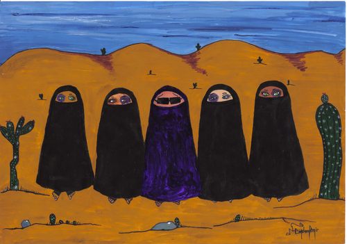 Cartoon: MOR VE OTESI (medium) by CIGDEM DEMIR tagged woman,women,black,purple,fight,oasis,abuse,beating,burka,clothes,pression