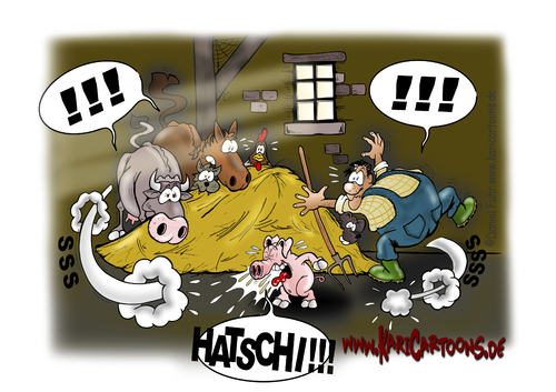 Cartoon: Aufruhr im Schweinestall (medium) by karicartoons tagged cartoon,h1n1,schreck,angst,erkältung,pferd,kuh,tiere,schwein,stall,bauer,niesen,influenza,grippe,virus,viren,ausbreitung,infiziert,infektion,krankheit,krank,schweinegrippe