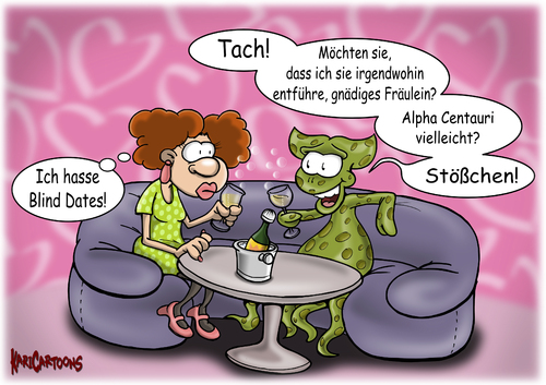 Cartoon: Blind Dates (medium) by karicartoons tagged ufo,treffen,sekt,marsmännchen,männchen,grünes,flirt,entführungen,entführen,dating,date,blind,außerirdischer,centauri,alpha,alien,alien,alpha,außerirdischer,date,dating,entführen,liebe